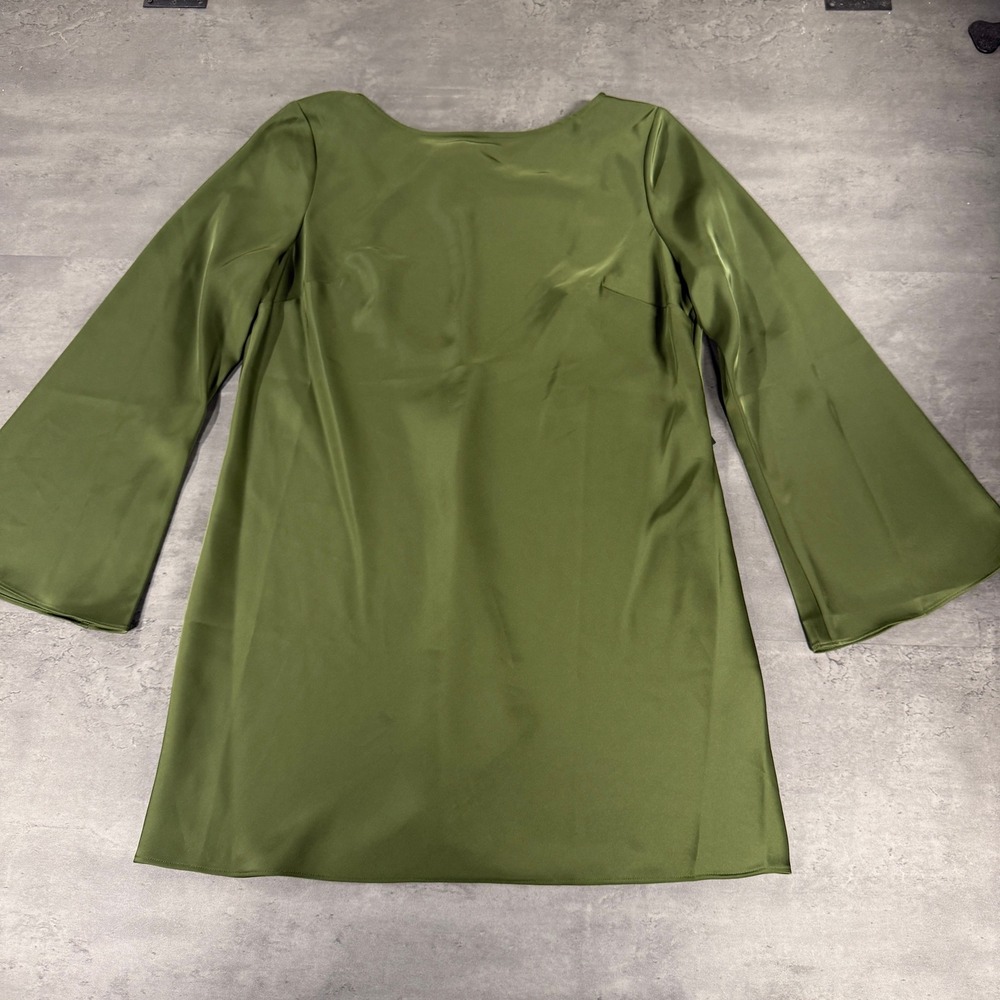Gianni Bini Mini Dress Womens 14 Dionne Satin Olive Green Bell Sleeve Open Back